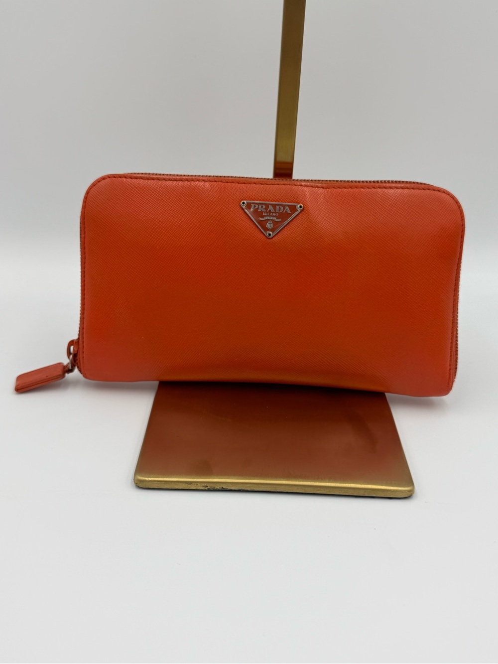 Prada Orange (Papaya) Saffiano Zip Wallet with Classic Prada Logo